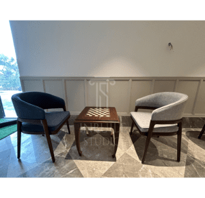 Modern Barrel Chair Set with Chess Table – Velvet Upholstery & Wooden Frame