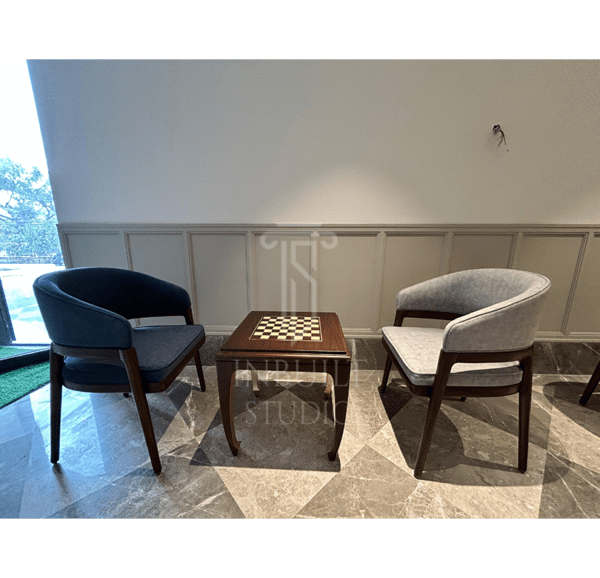 Modern Barrel Chair Set with Chess Table – Velvet Upholstery & Wooden Frame
