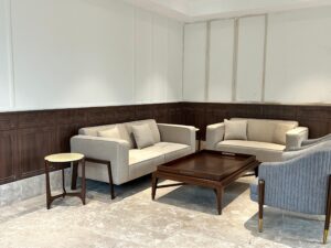 Contemporary Beige Sofa Set with Wooden Base & Coffee Table – Elegant Minimalism
