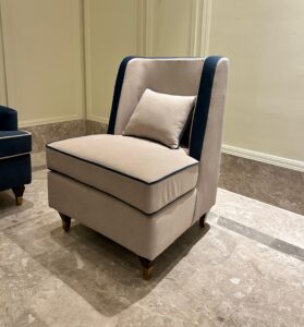 Elegant High-Back Accent Chair – Beige & Navy Contrast Upholstery